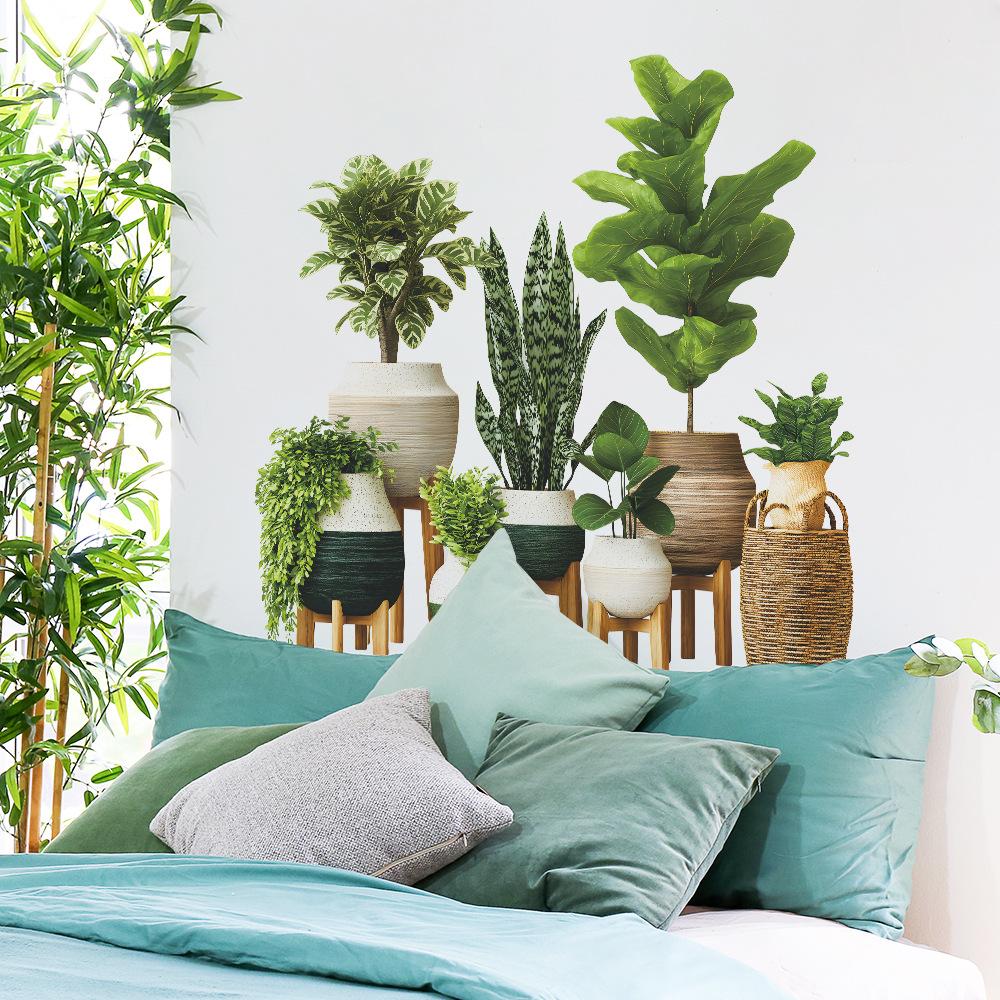 Artificial Green Plant Potted Wall Sticker Waterproof Eco Friendly PVC Removable Self Adhesive Decor For Living Room Entrance Wall
