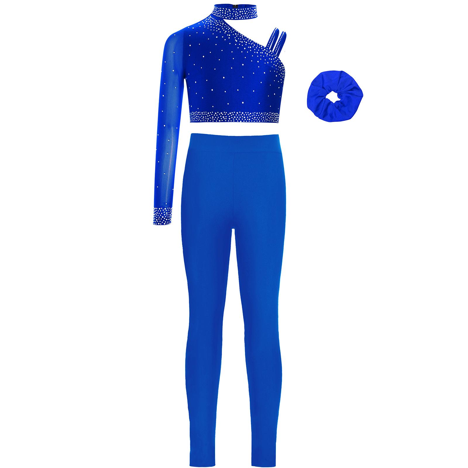 

Girls Unique Irregular Shoulder Sparkly Rhinestones Crop Top Hairband Leggings 3Pcs Dance Set 5-6 Years синій