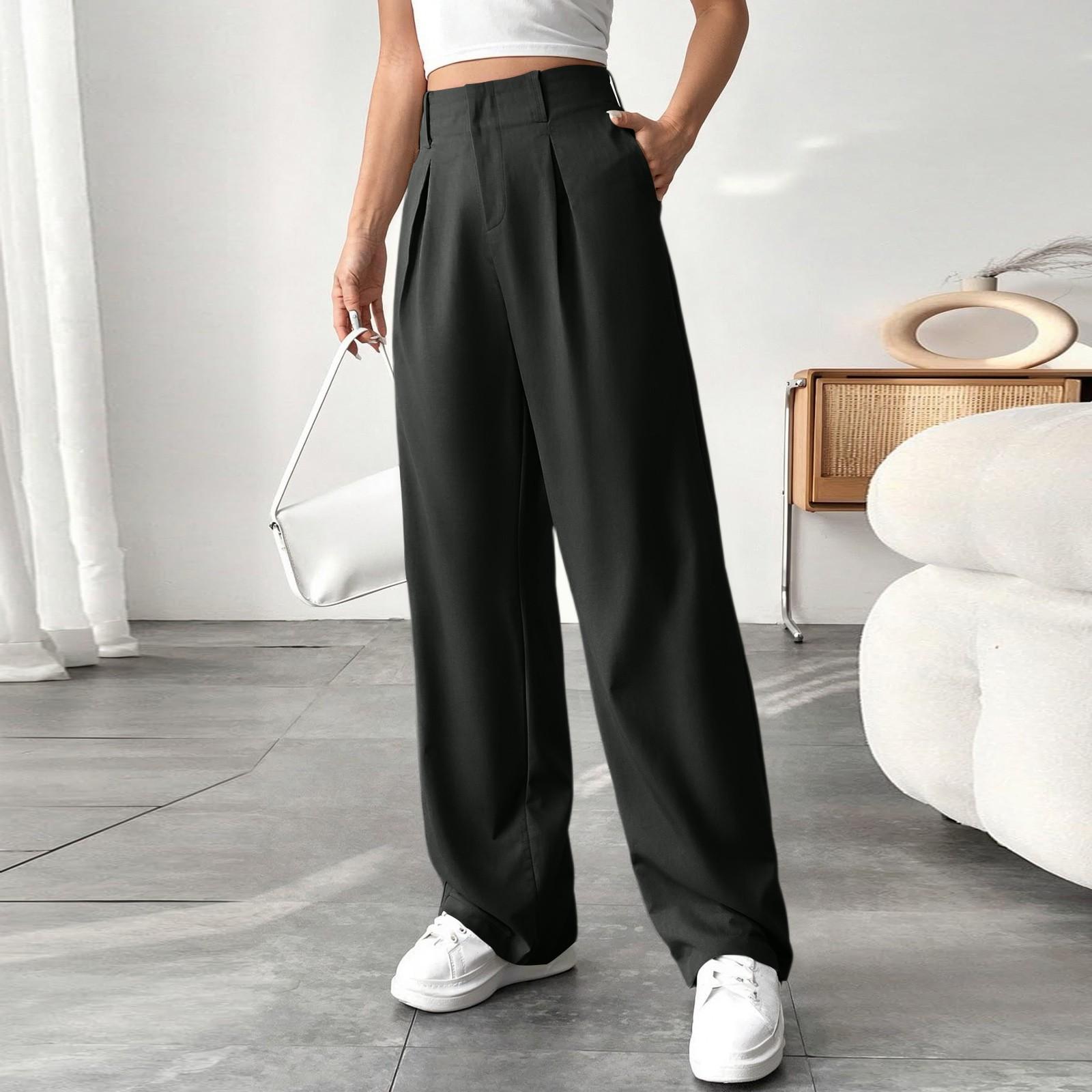 

Ladies Pants Casual And Fashionable Solid Color Pants With Pockets L чорний