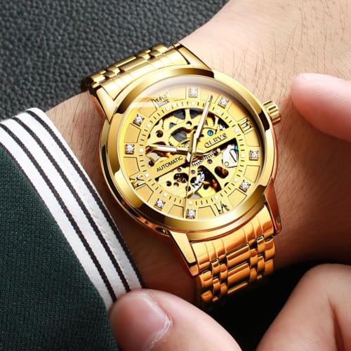 OLEVS Men's Automatic Watch Stylish Mechanical Arm Watch Popular Business Luminous Waterproof Fashion Skeleton Watch for Men Gift Present Gold Gold
