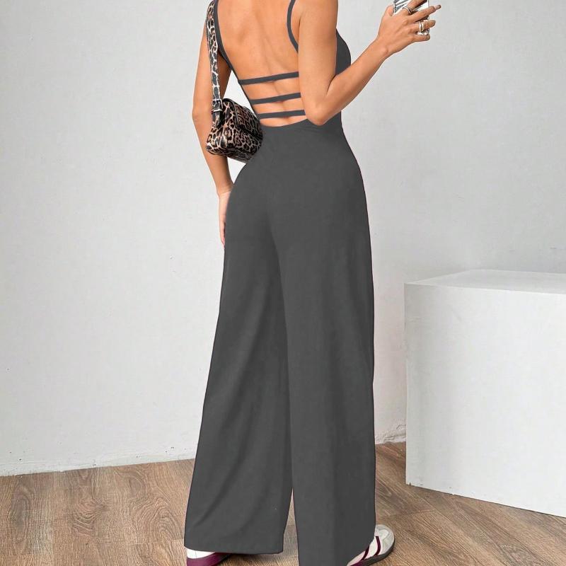 Women's Casual Halter Jumpsuit Spring and Summer Daily Solid Slim-Fit Backless Sleeveless Jumpsuit Lady's Floor-Length Trousers