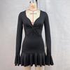 Women's 2024 Autumn/Winter Solid Color Low Neck Long Sleeve Ruffle Dress
