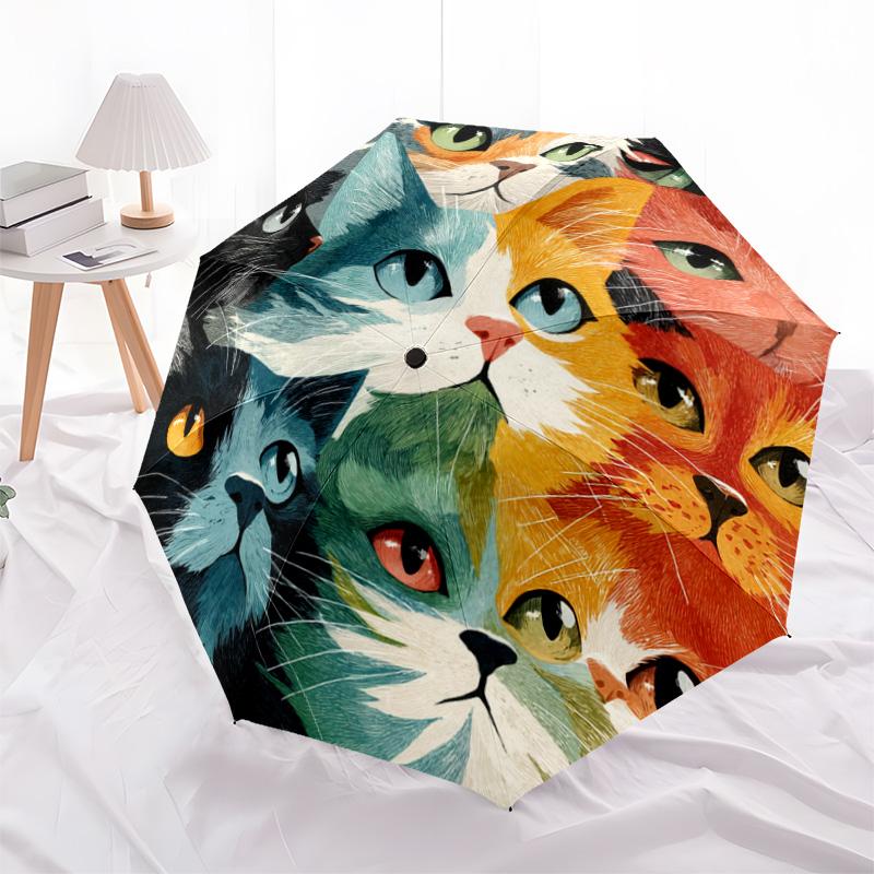 1 PC Automatic Folding Umbrella - Colorful Cats Pattern, Portable & Foldable Design with 8 Ribs, Christmas Birthday Gifts