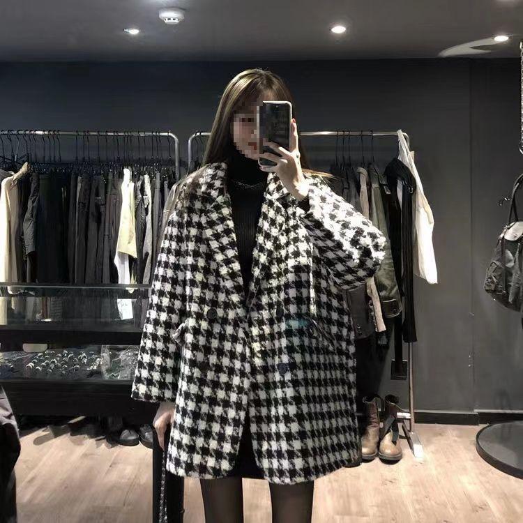 2025 Autumn/Winter Plus Size Women's Plaid Wool Coat - Loose Slim Fit, Mid-Length, Thickened