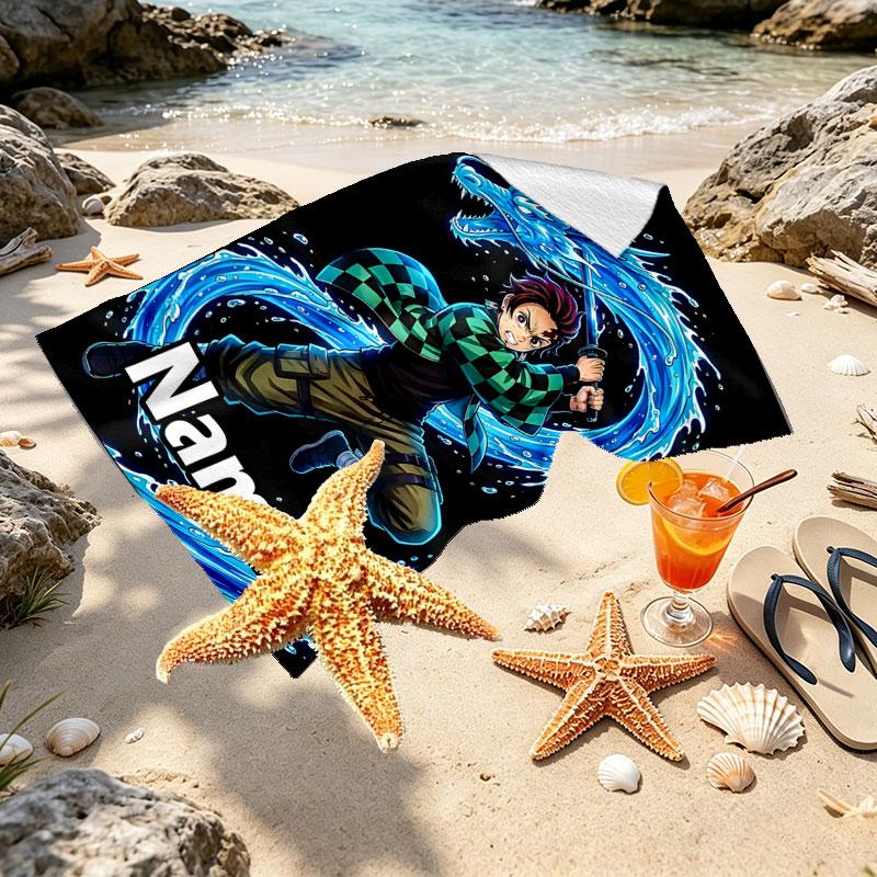 Personalisierbares Strandtuch mit Demon Slayer Aufdruck und individuellem Namen, für Reise, Camping, Strandparty, Heimdekoration, Geburtstagsgeschenk für Familie & Freunde