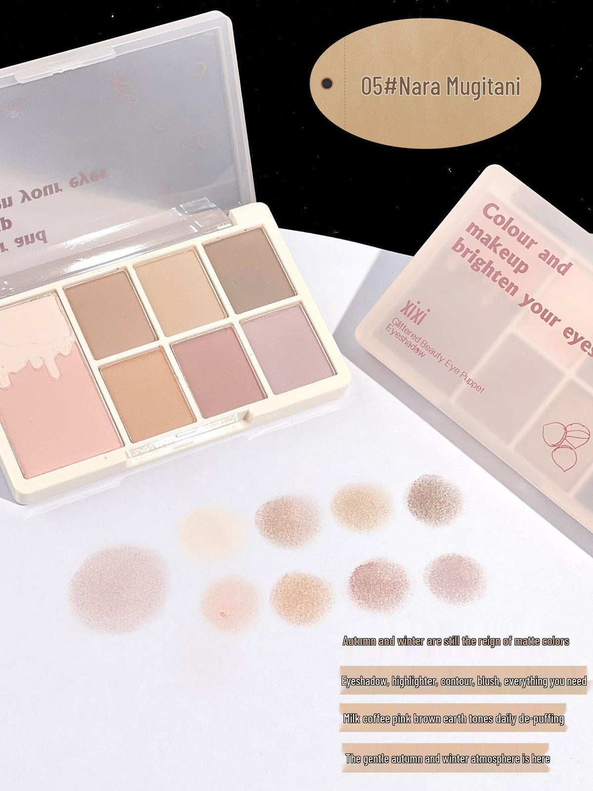 Xixi Radiant Beauty 7-Color Eyeshadow Palette: Soft, Matte & Pearlescent Shades for Brightening & Pigmented Daily Makeup.