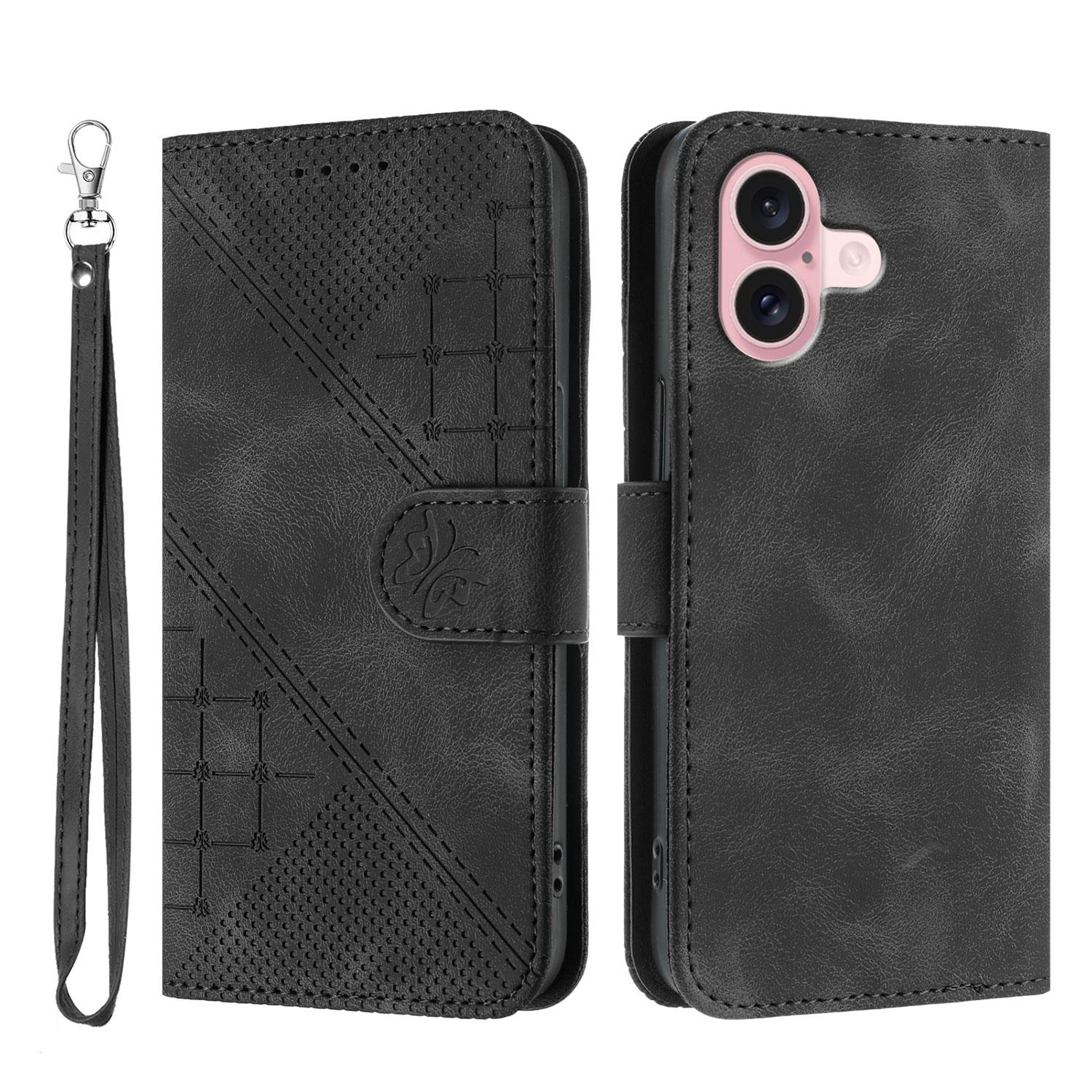 

For iPhone 16 Leather Wallet Case Butterfly Flower Imprinted Phone Cover with Strap Black