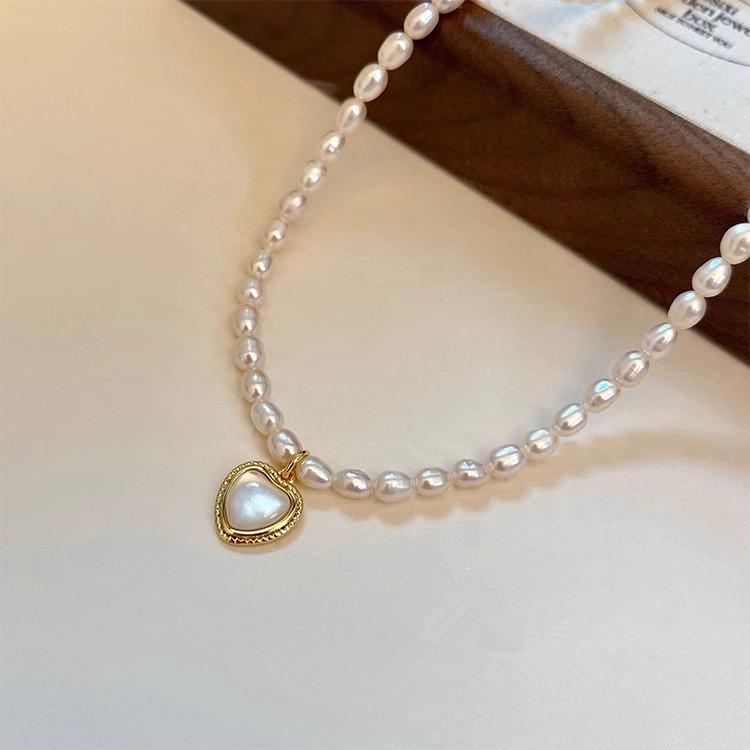 Women's Freshwater Pearl & Abalone Heart Pendant Necklace with Beaded Clavicle Chain