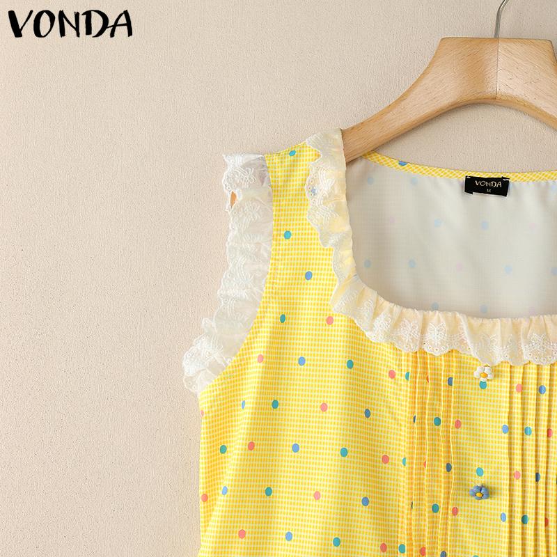 VONDA Women Lace Patchwork Sleeveless Plaid Polka Dots Casual Tank Tops