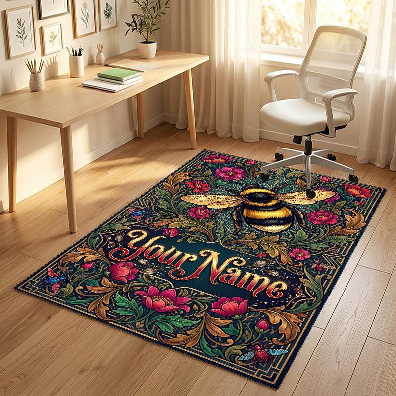 Bee Theme Soft Crystal Velvet Rug Custom Name & Text Print Non Slip Floor Rug for Bedroom Living Room
