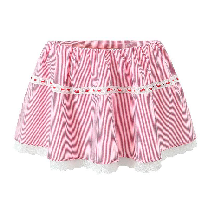 

Castle Girl French Sweet Style Lace Lace Lapel Flying Sleeves Stripes Tops + High Waist Mini Skirt Pink overskirt (Fashion Tape) L