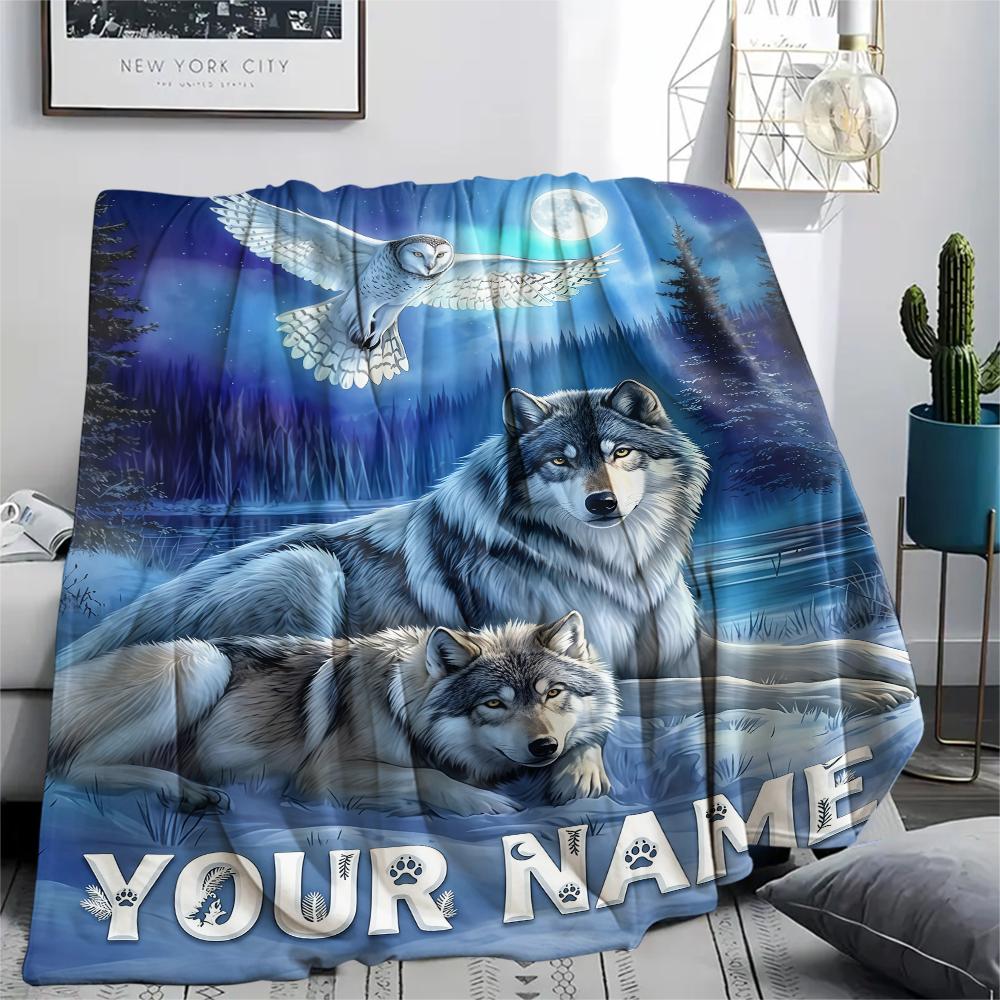 1 Stück Benutzerdefinierter Name Wolfsfamilie Mondnacht Gemustert Flanelldecke Geeignet für Alle Jahreszeiten für Heimdekoration Wärme und Komfort Geschenke Feiertagsgeschenk_lx
