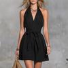Women's Sleeveless V-Neck Belted Waist Solid Color Dress