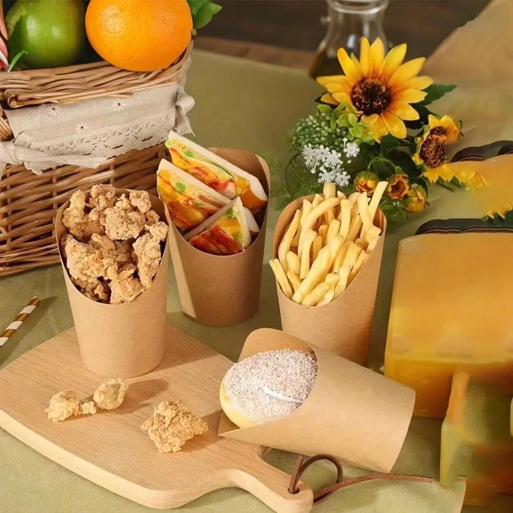 50PCS Oil-proof Disposable French Fry Cup Thickened Water Proof Kraft Paper Slanted Mouth Cup Eco-Friendly Multi-functional