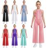 Kids Dance Jumpsuit - Sparkly Rhinestone Bodysuit with Keyhole Back, Wide-Leg Pants & Built-in Underwear for Girls