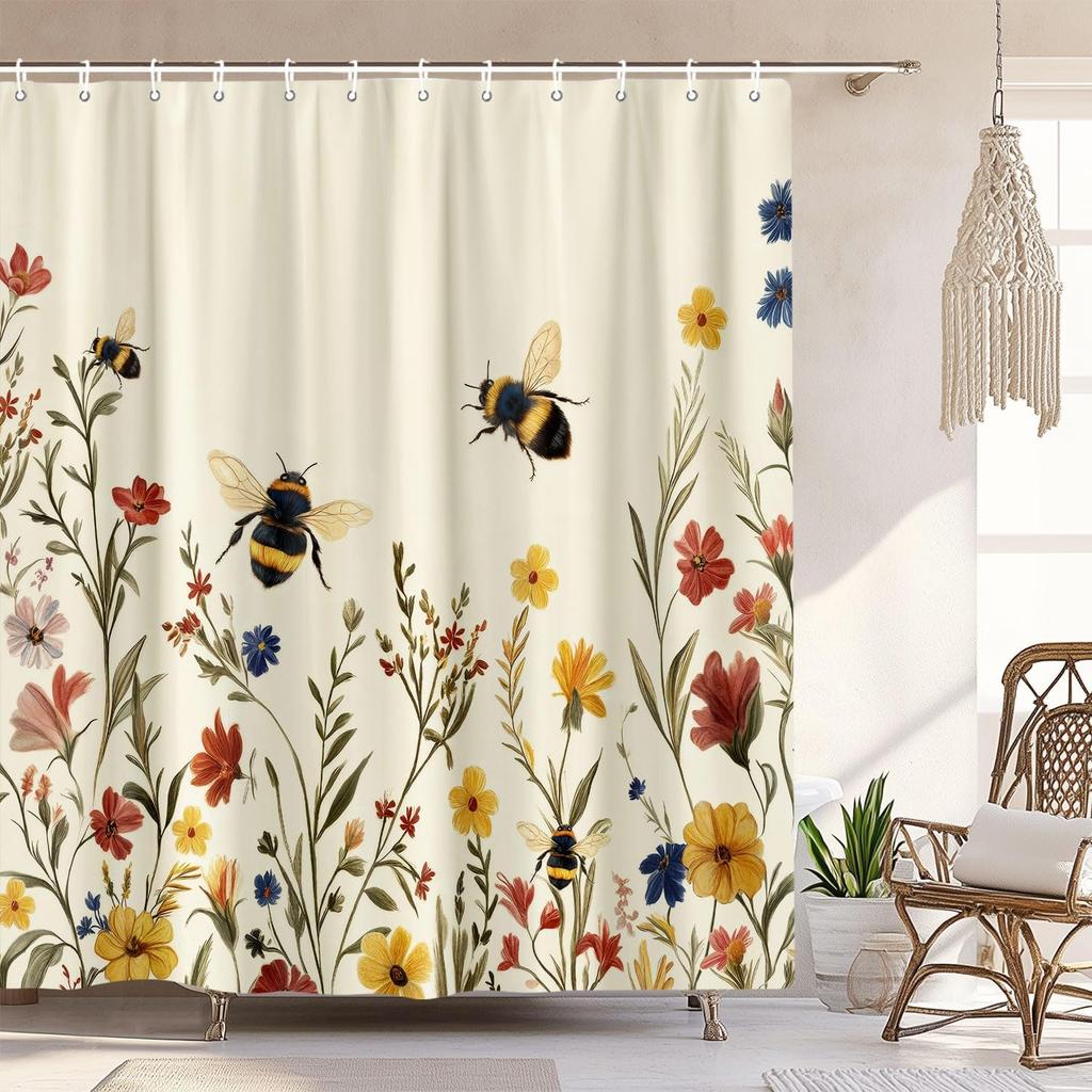 Vintage Boho Shower Curtain Black and Gold Floral Bathroom Aesthetic Decorative, Funny Rustic Bee Daisy Flowers Witchy Eclecti