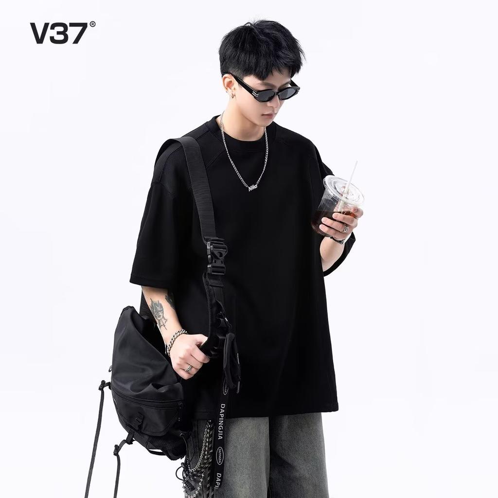 2025Summer Korean Style Loose Round Neck Textured Short Sleeve Padded Shoulder Simple Solid Color Half Sleeve Unisex Trendy Basic Base Shirt t