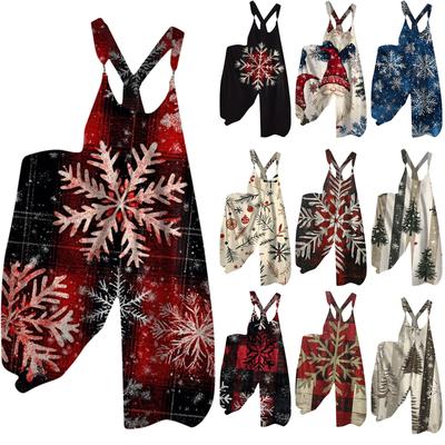 Women's Fashion Christmas Print Casual Loose Back Straps Wide Leg Jumpsuit