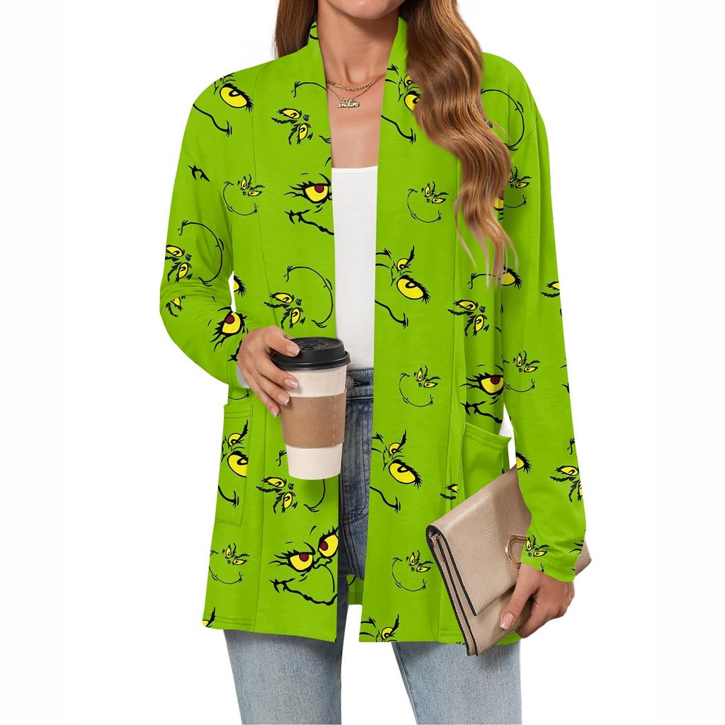 Women's Christmas Printed Lightweight Cardigan Long Sleeved Casual Loose Thin Fit With Pockets Cardigan Jacket