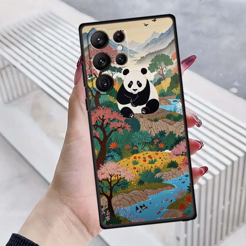 Cartoon Anime Panda Cute Phone Case For Samsung Galaxy S26 S25 S24 S23 S22 S21 S20 Ultra Plus FE 5G Black Soft TPU