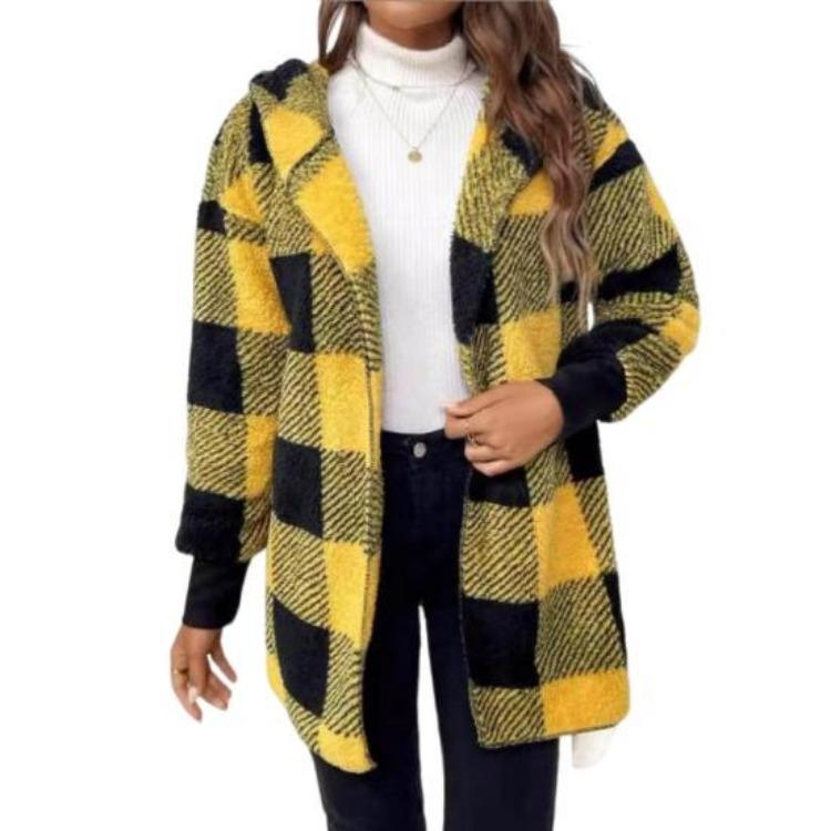 Open Front Hooded Sweater Coat Women Loose Fit Mid Length Plaid Print Knitting Long Sleeve Knitwear