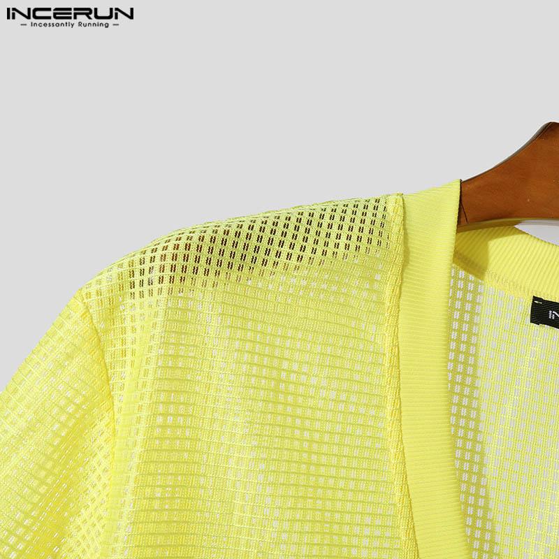 INCERUN Men Hollow Out Short Sleeve Tops Deep V Neck Beach Party T-shirts