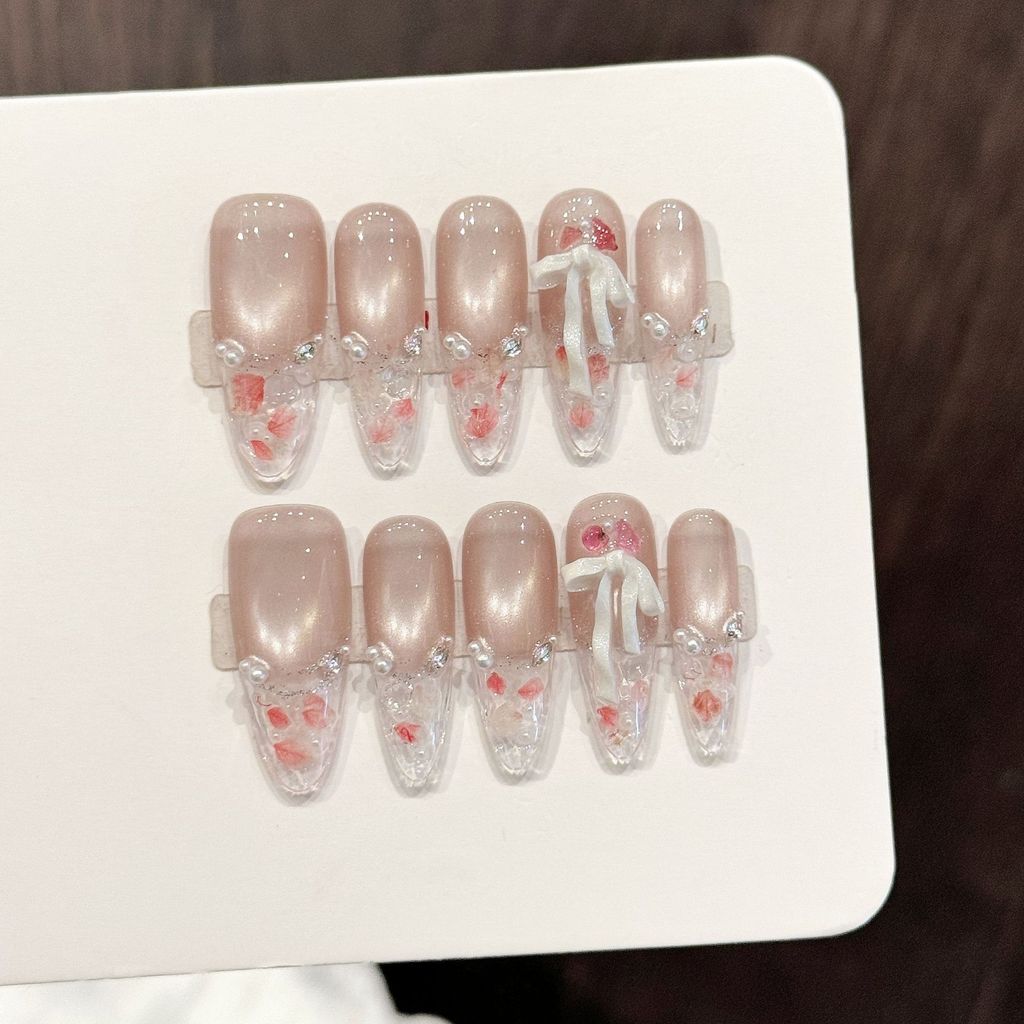 

[5in1 Toolkit+HANDMADE]Handmade Press On Nail French Sparkling Nude Gentle Clear 3D Diamond Bow Long Oval Fake Nail Patch Artificial Nail Reusable L