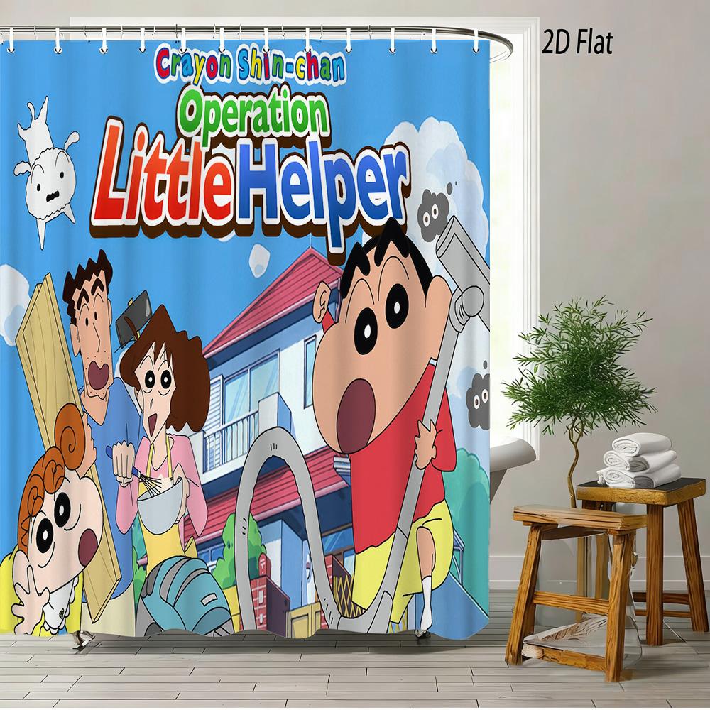 Crayon Shin-Chan Cheese & Shiro 2D Print Waterproof Shower Curtain, Cute Cartoon Bathroom Decor With Hooks