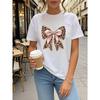 European Size Women's Rhinestone Bow & Leopard Print Short-Sleeve T-Shirt - Sparkling Top with Round Neck, Soft Blouse for Spring Summer Fall Parties