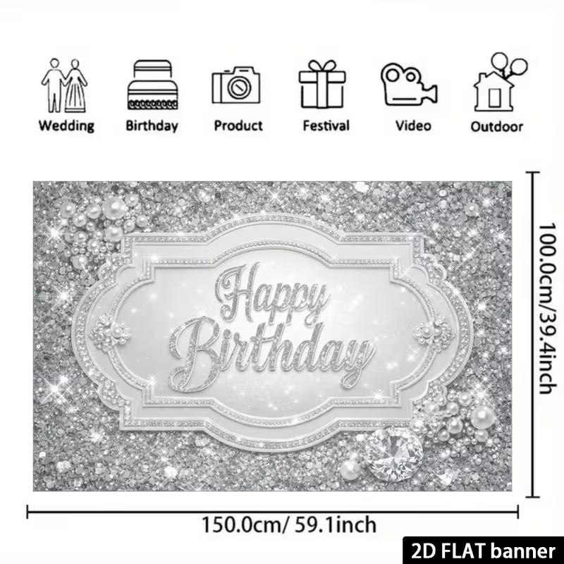 2D Silver Glitter Diamond Happy Birthday Backdrop Banner Party Photography Background