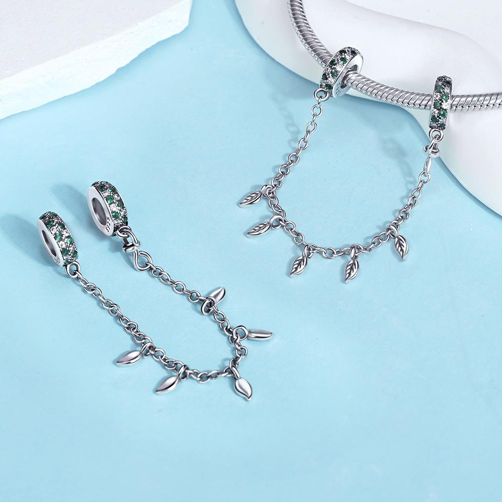 Charms Copper Green Leaf Safety Chain Dangle Pendant Fit Bangle Bracelet Necklace Diy Jewelry