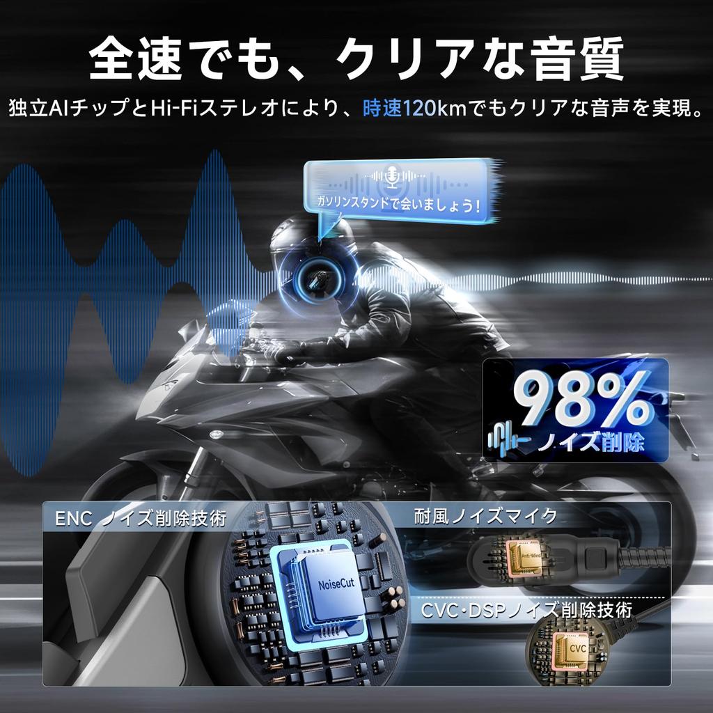 Moman H2S Motorcycle Set of Wireless Helmet Up to 1000m Communication Simultaneous HIFI 40mm Triple Noise Cancellation Automatic Volume Music FM Audio