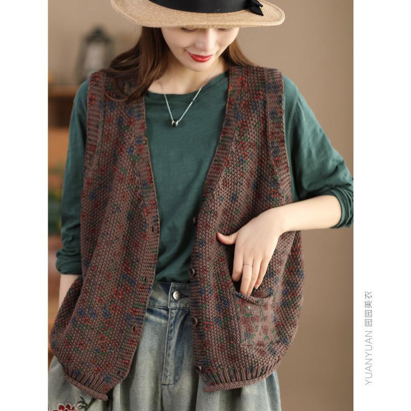 

Autumn Winter Women Loose V Neck Knit Vest Vintage Floral Open Front Cardigan One Size темно-коричневого