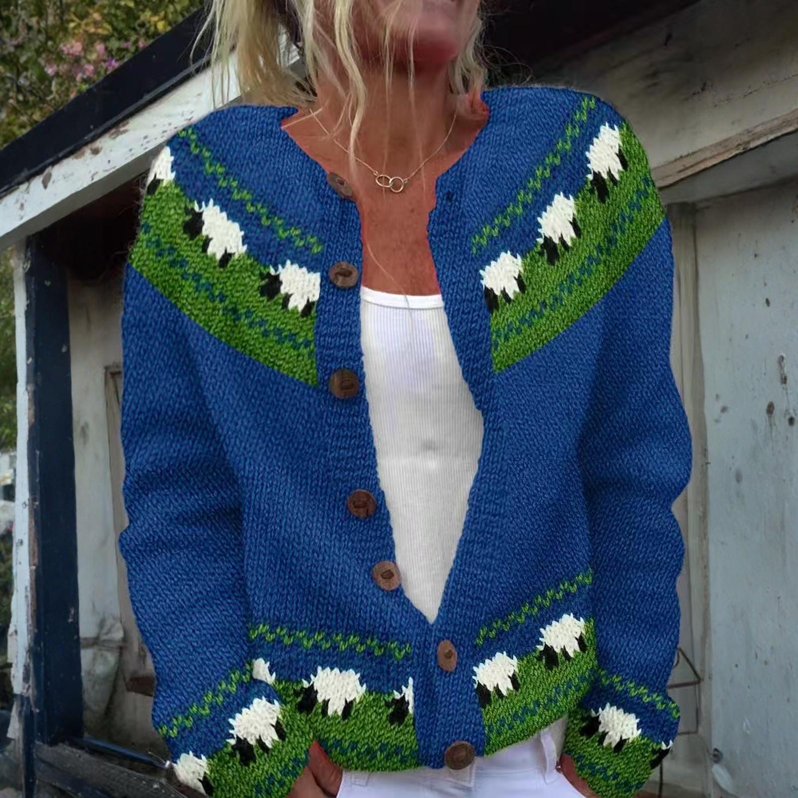 

Кардигани Fair Isle для жінок з круглим вирізом, вільного крою, на ґудзиках, великої в язки, з відкритим передом, повсякденна осіння трикотажна куртка S синій