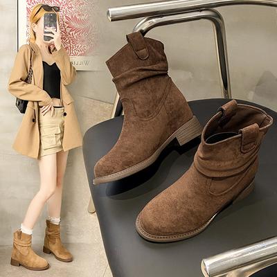 Retro Dicke Ferse Plissee Stiefel für Damen Herbst und Winter neu großer Schaftumfang, dünne und erhöhende kurze Martin Stiefel für Damen