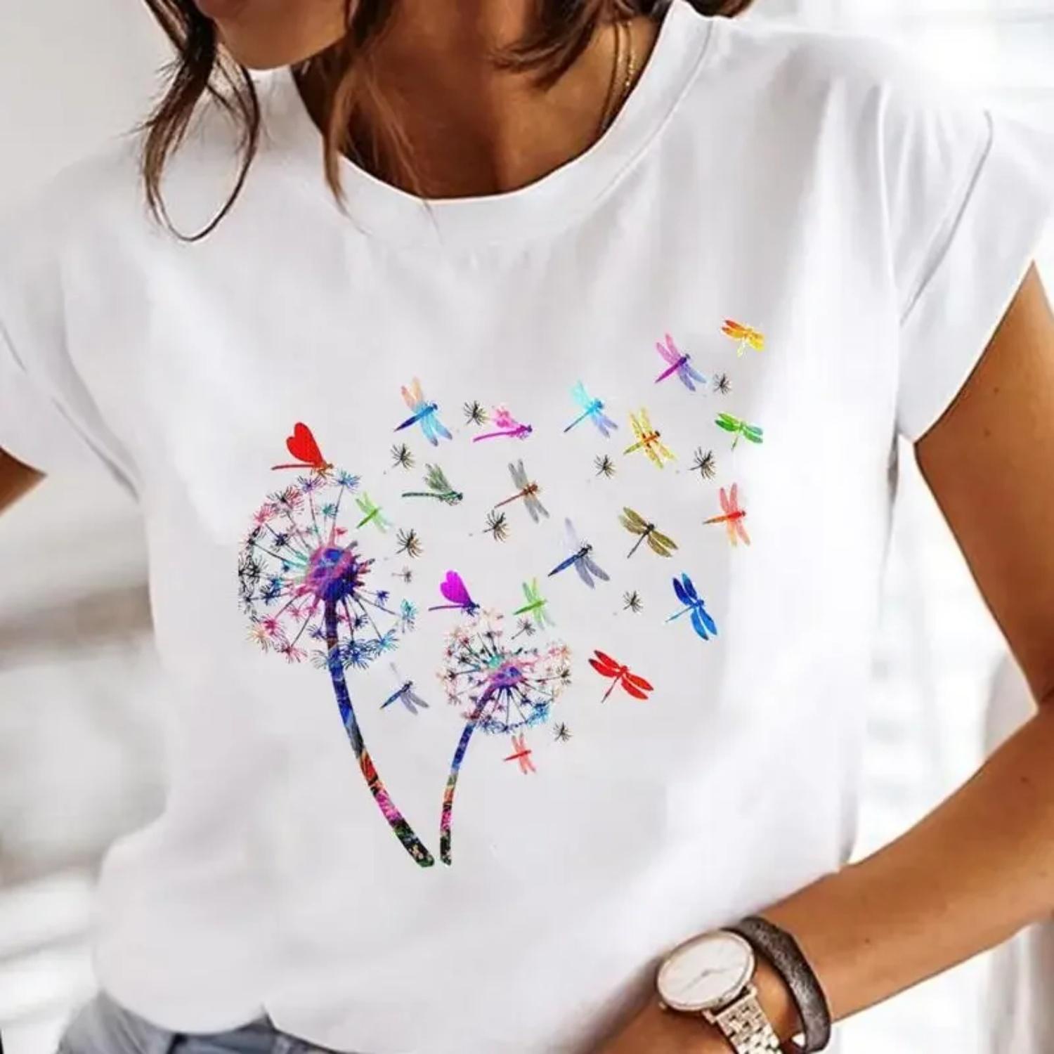 Ladies Graphic T Shirt Women Print Clothes 90s New Style Female Tops Tee Fashion Print Cartoon O-neck Flower Butterfly T Shirt S