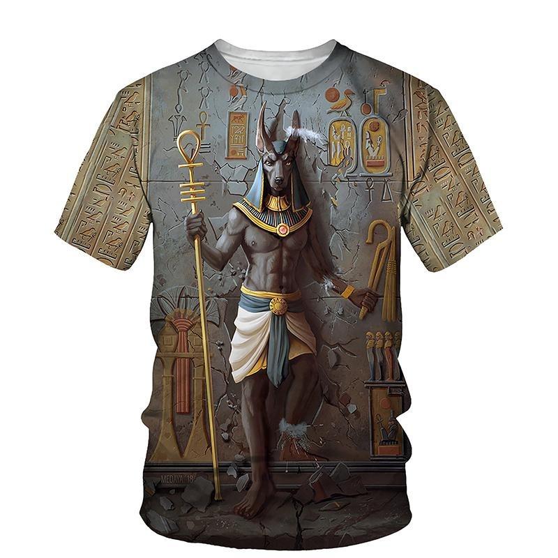Ägyptisches Pharaonenmuster Herren T-Shirt Gold Einzigartige Persönlichkeit Trend O-Ausschnitt T-Shirts Ägypten Anubis Sensenmann Kurzarm Tee
