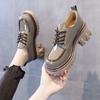 Size 35-43, large size thick-soled heightened retro British style small leather shoes women's 41 round head black lace-up versatile single shoes