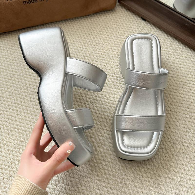 

2025 Summer Leopard Women s Platform Wedges Heel Slippers Fashion Ladies Narrow Band Slides Outdoor Female Open Toe Footwear 40 серебряный
