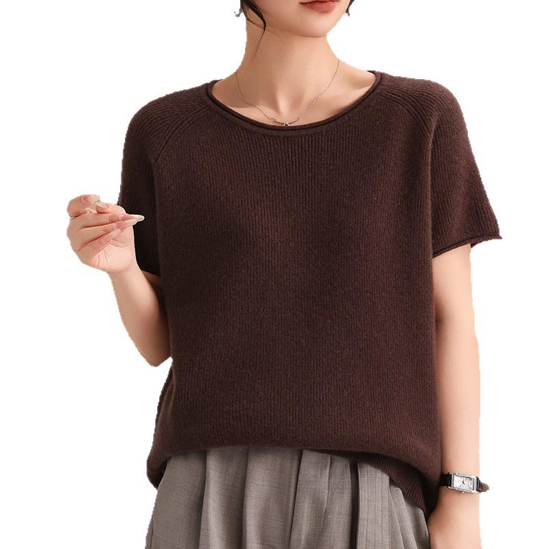 2026 Spring Women's Cashmere Wool Blend Rolled Collar Knit Half Sleeve Top