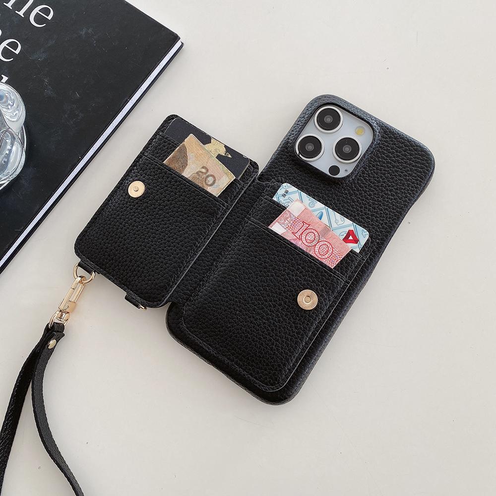 For iPhone 15 Pro Case Card Slots Kickstand PU Leather Back Cover with Ring Holder,Wrist Strap