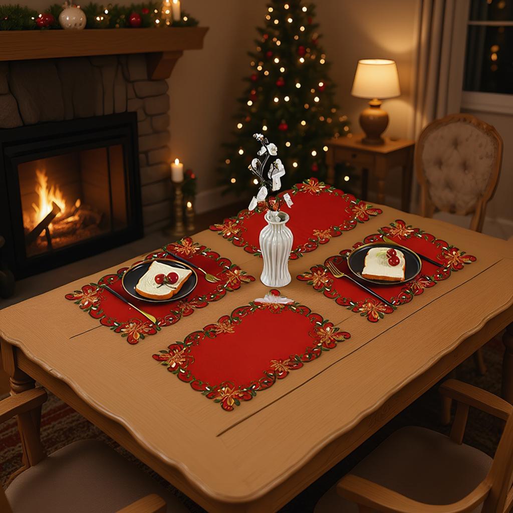 4 Stück Weihnachtliche Gestickte Blumen Rechteckige Tischsets 11,02x16,93 Zoll Rot und Grün Platzsets Tischdecke für Zuhause und Küche