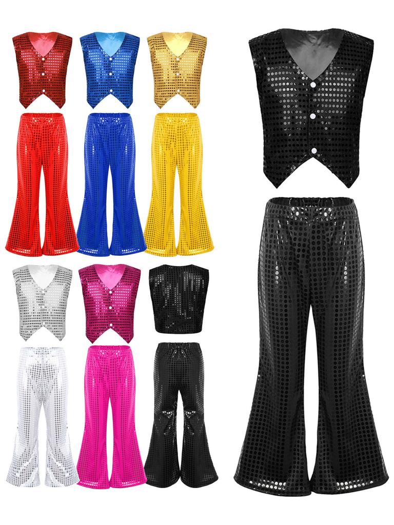 Kids Dance Costume Two-Piece Set - Glittery Sequined Waistcoat with Elastic Waist Flared Pants