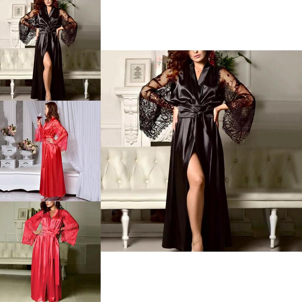Elegante Camicia da Notte da Donna in Raso di Seta con Pizzo Lingerie Kimono Abbigliamento da Notte Lunga Vestaglia
