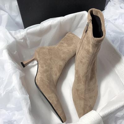 Spitz zulaufende Zehenpartie Damen Socken Kurze Stiefel Mode Seitliche Reißverschlüsse Schlanke Knöchelstiefel Dünne High Heel Herbst Winter Damenschuhe