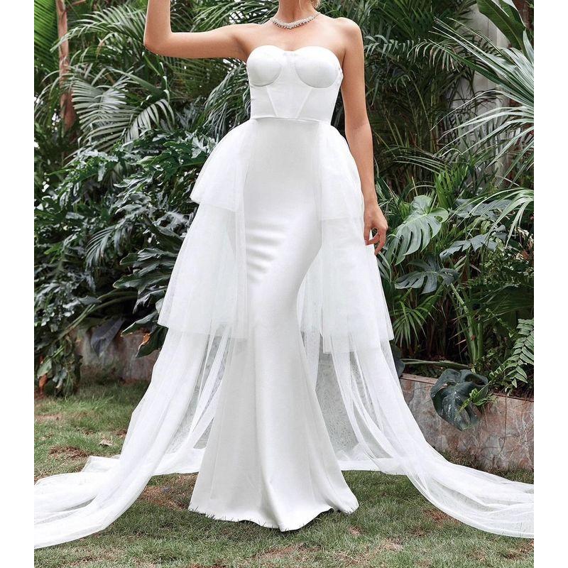

French Atmosphere Bandeau Sexy Open Back Adult Lady like Woman Banquet Evening Gown Light Wedding Travel Shoot Layers of Mesh Trailing Dress Fairy White XL