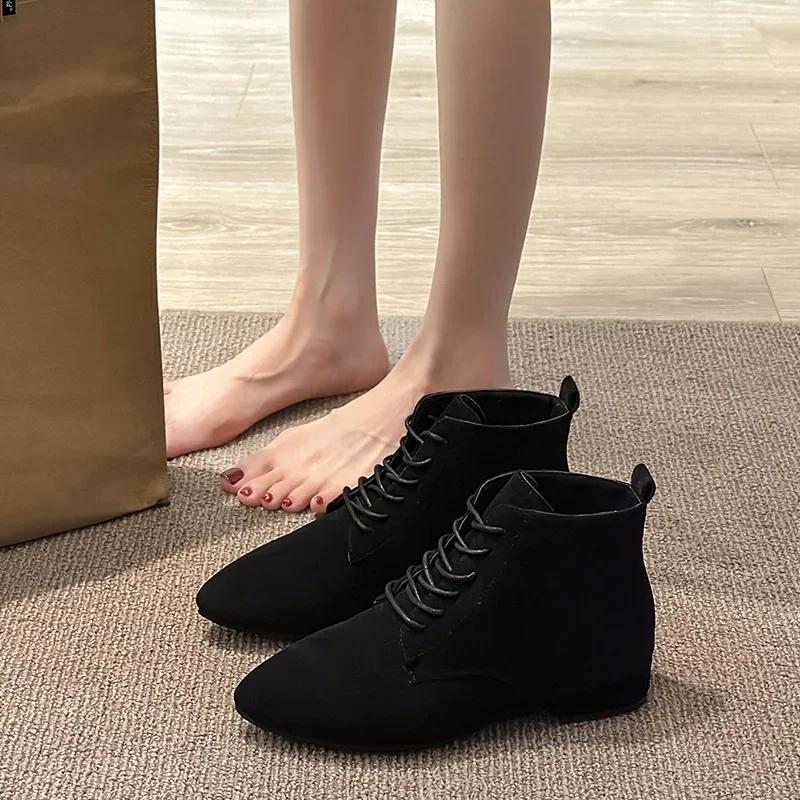 Women's Suede Ankle Boots Autumn British Style High Heeled Booties Woman Pointed Lace Up Thick Heel Platform Short Boots