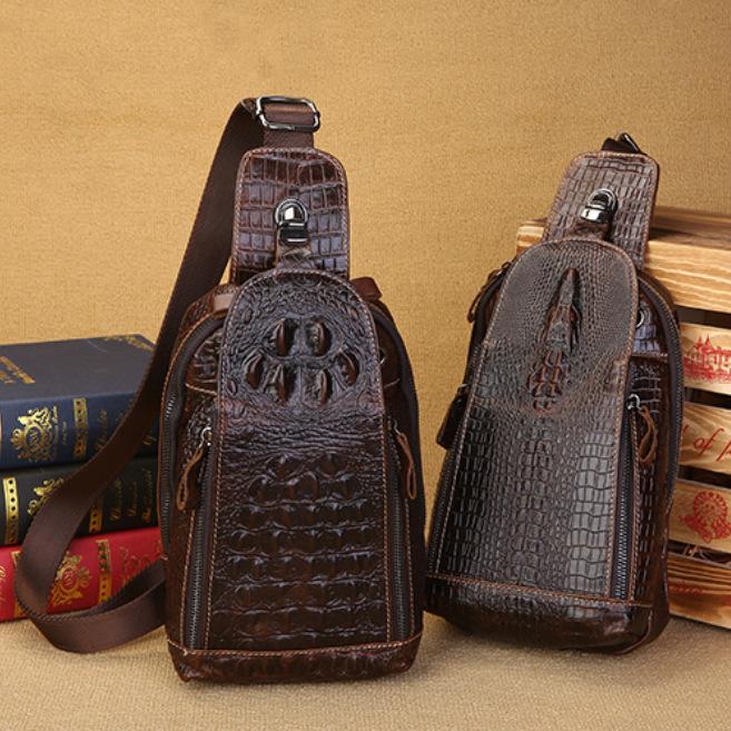 Men's Leather Layered Cowhide Crocodile Patterned Chest Bag, Men's Leather Oilskin Casual Small Crossbody Waist Bag