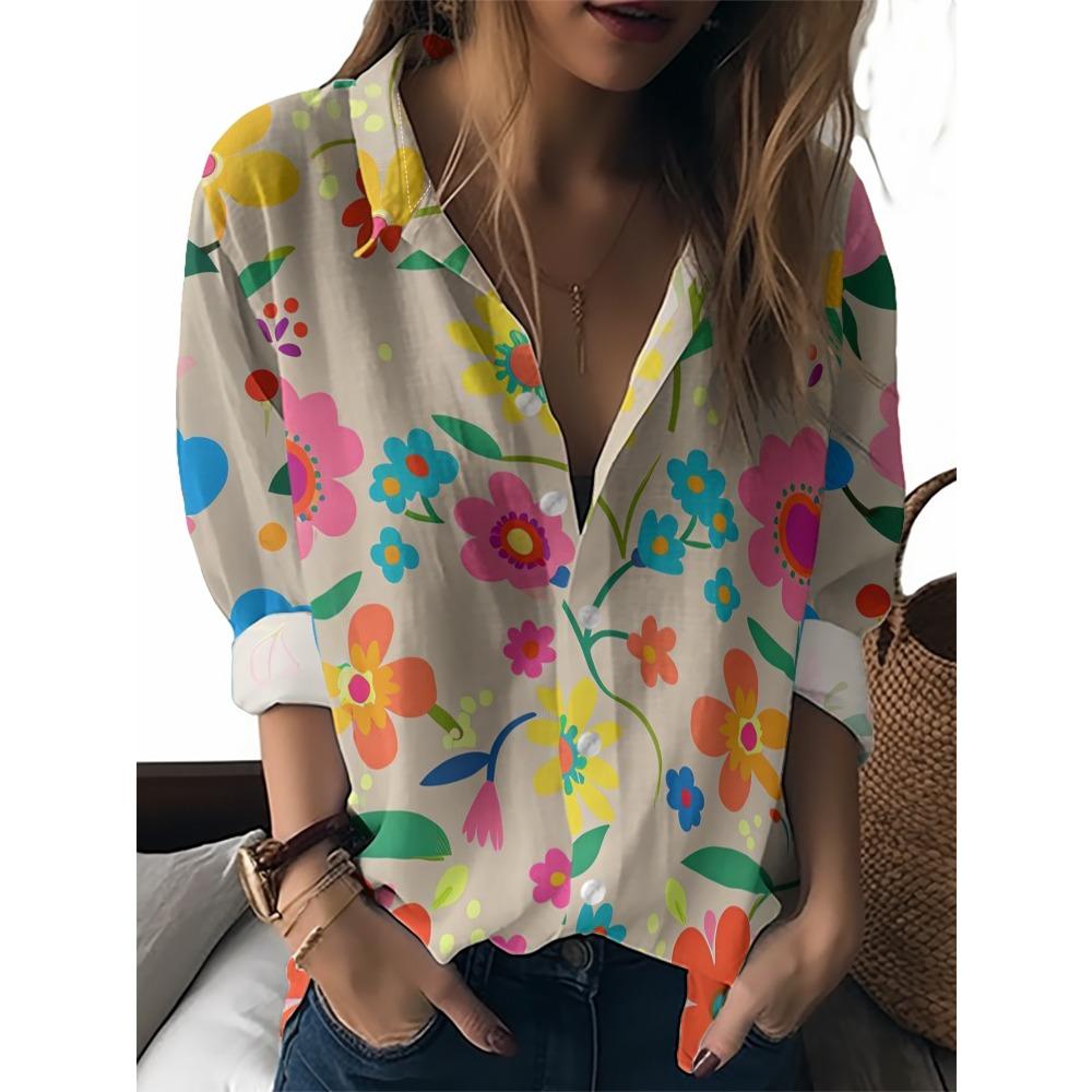 Sommer Minimalistisches Hemd mit Digitalem Blumenprint Knopfleistenhemd Oberteil für Damen Hawaiianischer Strandurlaub Lässiges Hemd