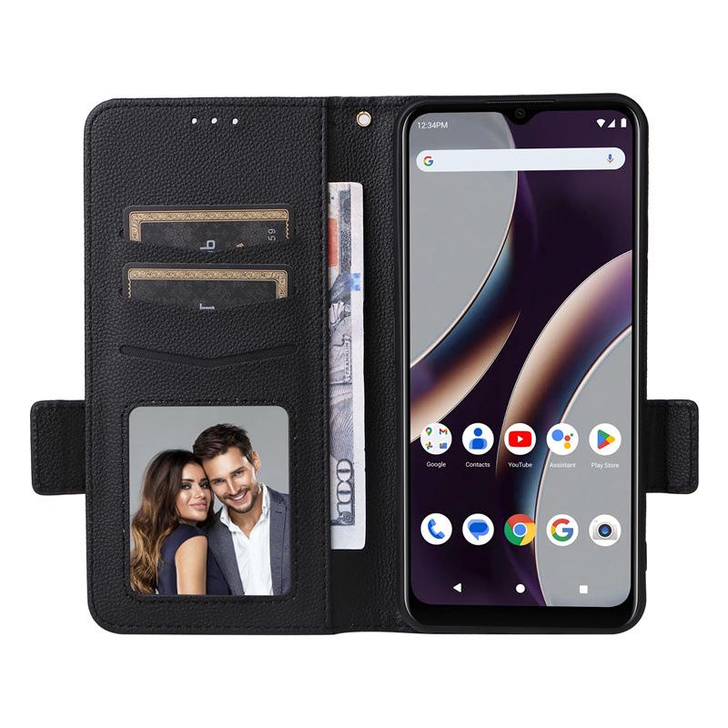 BLU G53 Leather Case: Flip Cover with Card Slot, Lanyard, and Lychee Pattern.